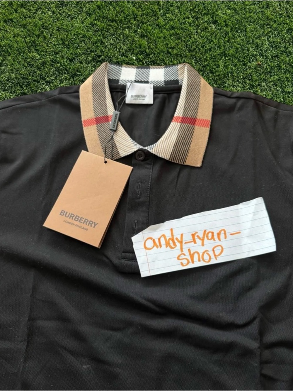 Burberry Men’s Black Polo with Beige Check Collar